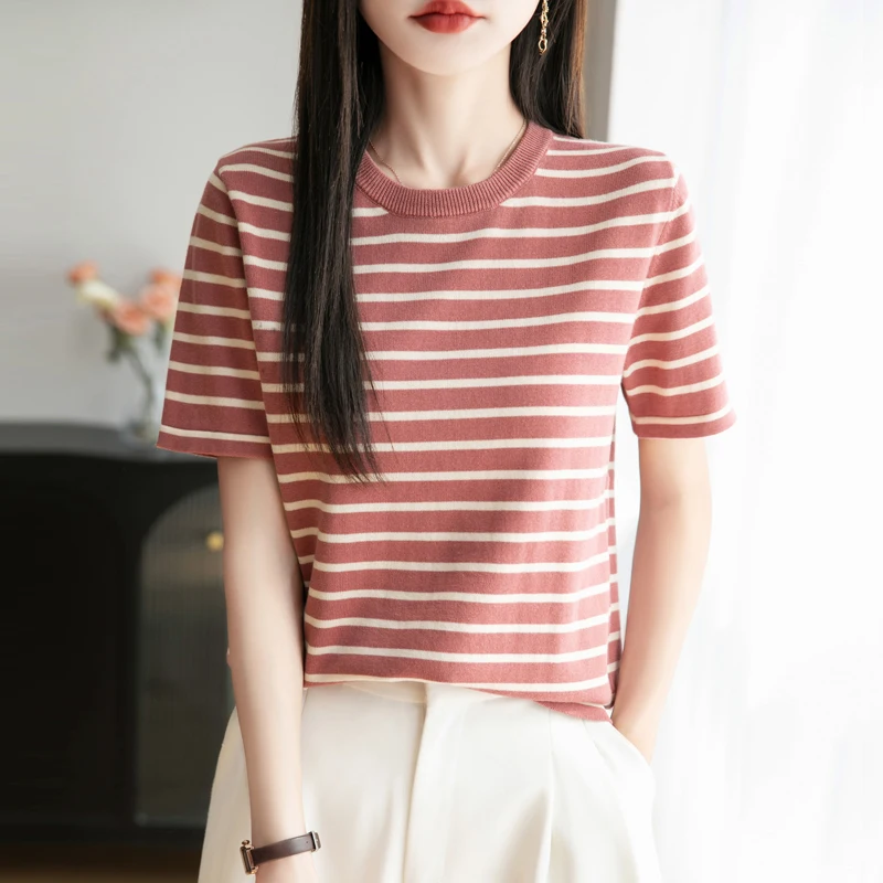 

Women's T-shirt Summer New 100% Cotton Sweater Short Sleeve Striped Knitted Round Neck Women's Top Loose Fashion Pullover