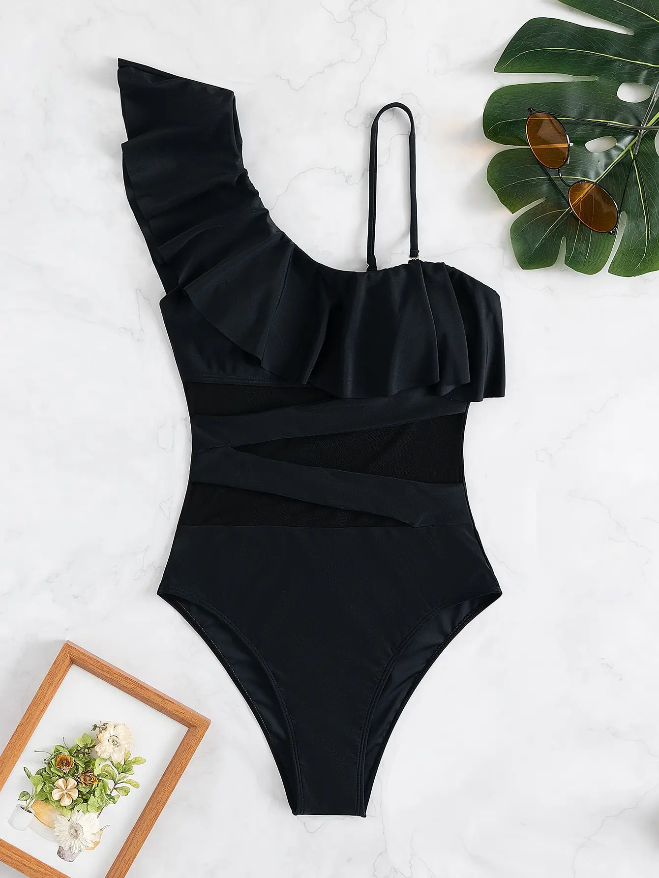 Ruffle Contrast Mesh Swimsuit Women One Piece Swimwear 2023 Bodysuit Bathers Bathing Swimming Swim Suit Sports Beachwear