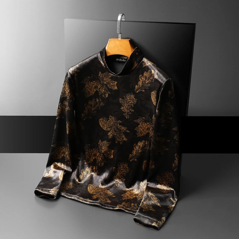 Vintage 3D Leaves Print Fashion Casual Long Sleeve T Shirt Men Winter Quality Thick Velvet Soft Comfortable Tees Camisetas M-4XL