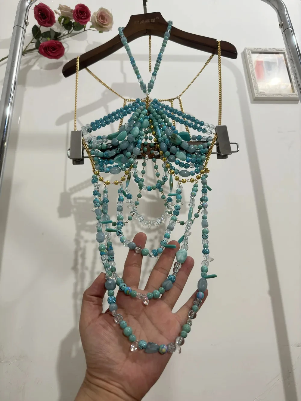 Women's Handmade Turquoise Lavender Multi-Stone Beaded Body Chain Backless Neck Beaded Bustier Bikini Tankini Swimwear Lingeie