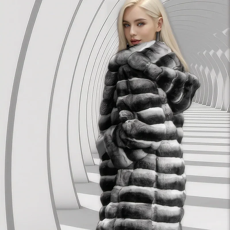 Women Faux Fur Coats Hooded Coat Thick Warm Elegant Splice Autumn Winter 2024 Striped Mid Length Jackets Casual Open Stitch