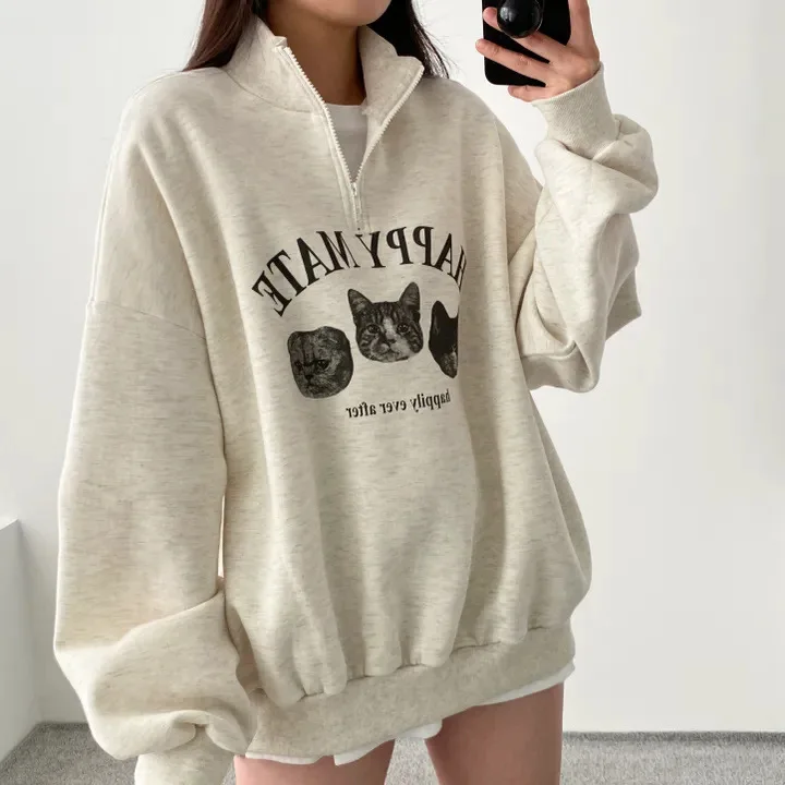 Women Hoodies Office Lady Loose Coat Hooded Sweatshirts Cartoon Cat Printed Pullover 2024 Spring Femal Thicken Clothes