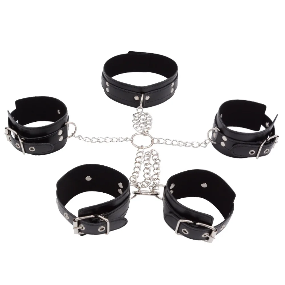 BDSM Bondage Handcuff Toy Sex Restraints PU Leather Collar Fetish Chain Hand Cuffs Harness Slave Neck Cuff 18+ Adult Game Kits