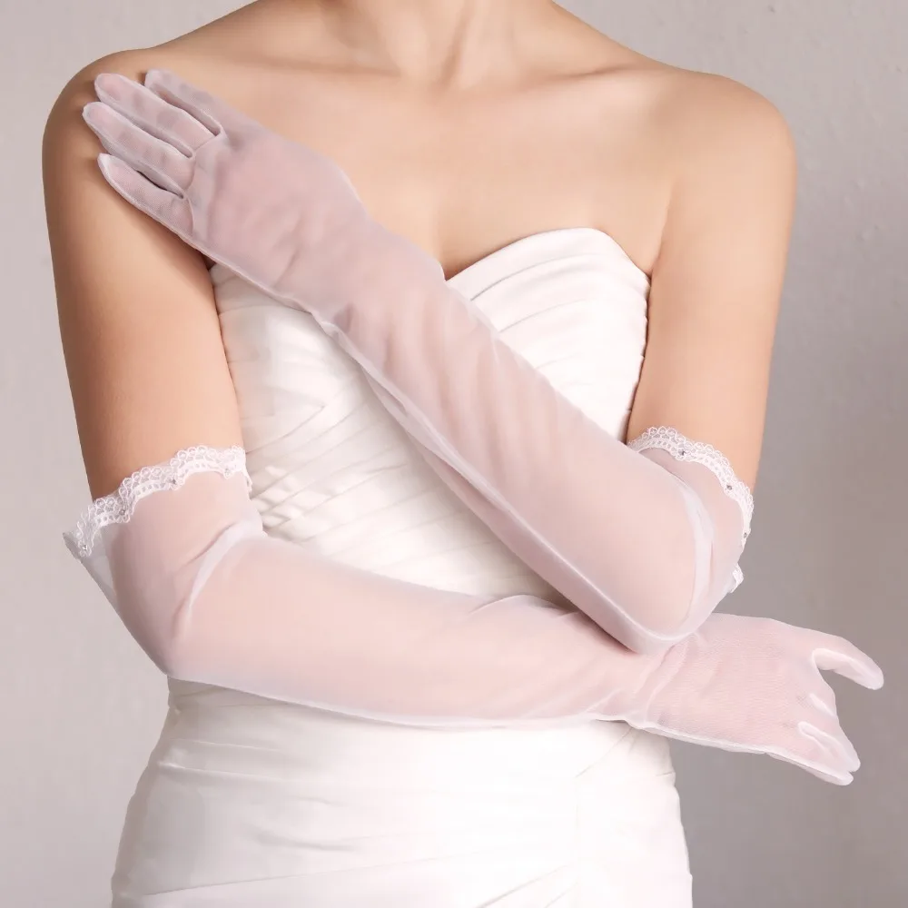 

Long Elbow and Wrist Bridal Gloves for Wedding Party Elegant Beaded Finger Tulle Gloves Marriage Accessories