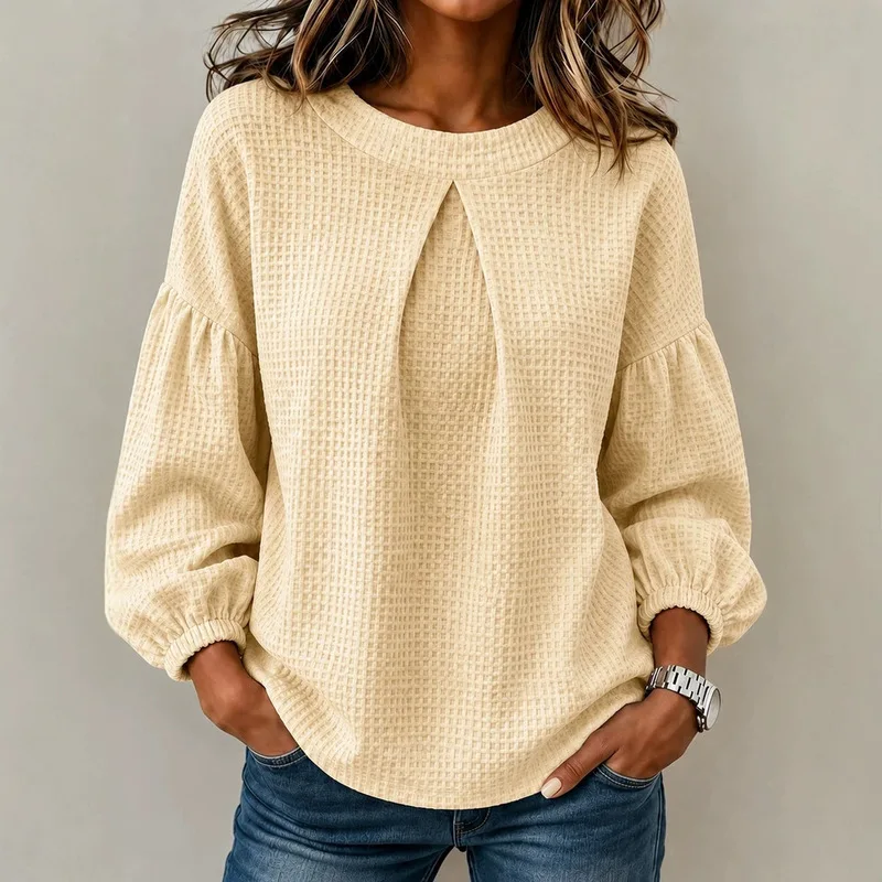Ladies Casual Waffle Texture Long Sleeve Tops Loose Puff Sleeve Crew Neck Comfortable Daily Wear Blouses For Women Outdoor Home view 2