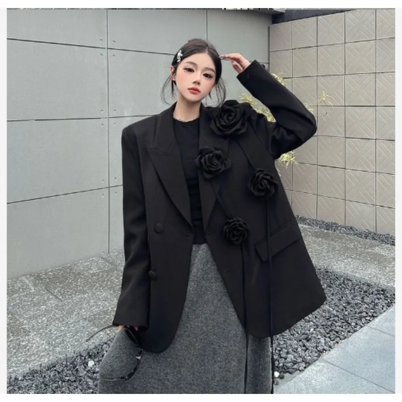 2026 Autumn Trend Black Three-dimensional Flower Heavy Industry Suit Jacket Niche Design Sense Shoulder Pad Casual Suit Jacket