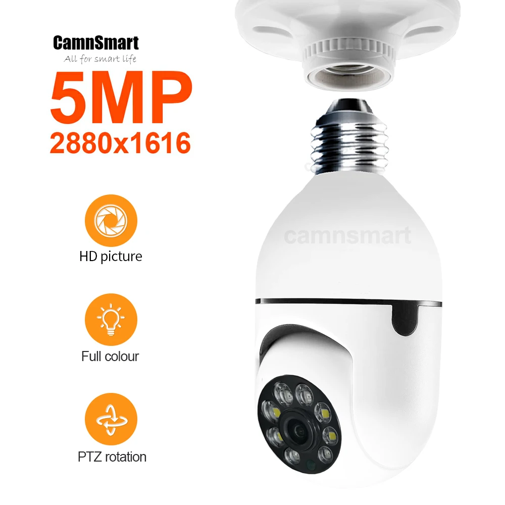 Mini caméra sans fil Tuya, Ycc365plus, Wi-Fi, ampoule, caméra vidéo, surveillance vidéo, sécurité à domicile intelligente, installation facile, 5MP