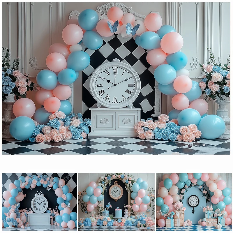 

LS Photography Background Alice Floral Balloon Clock Decor Baby Shower Birthday Cake Smash Kids Portrait Photo Backdrop Studio