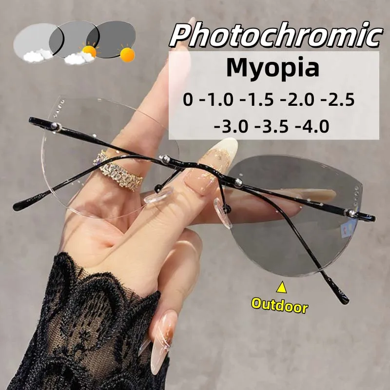 

High Quality Frameless Photochromic Myopia Glasses All Titanium Ultra Light Oval Frame Anti Blue Light Glasses Diopter To -4.0