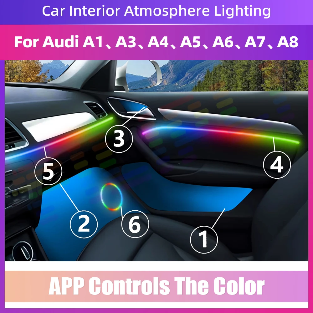 

Автомобильный светодиодный внутренний атмосферный светильник 64 цвета RGB Symphony APP 12 В для Audi A1 A2 A3 A4 A5 A6 A7 A8 Q5 Q6 Q3 Q2 Q7 TT TTS R8 S3 S6