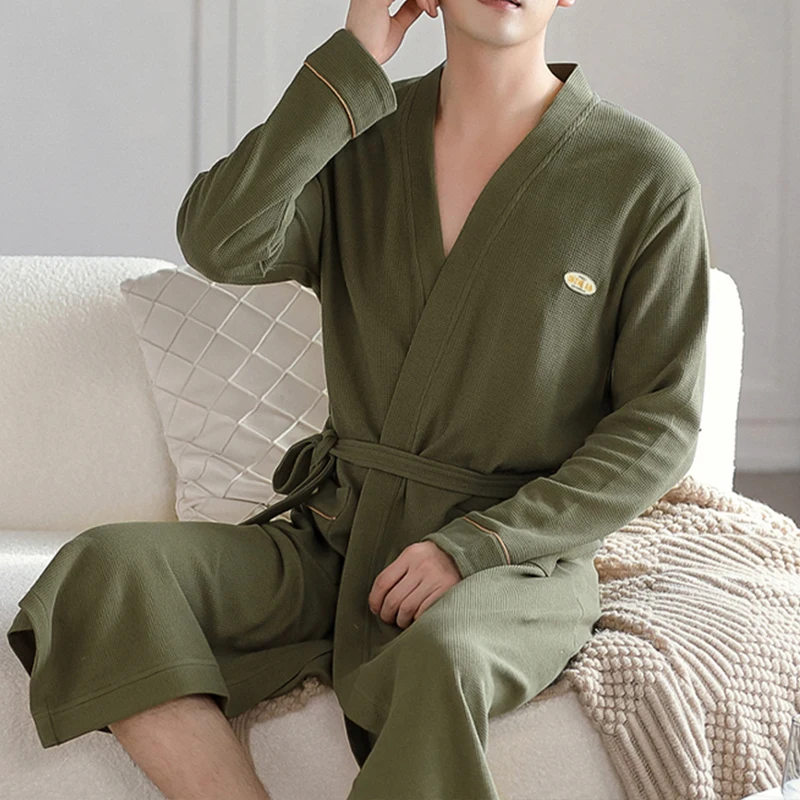 Spring Autumn Sexy Long Sleeves Men's Kimono Terry Robe Cotton Bathrobe Sauna Clothing Summer Solid Robes Nightgown Pajamas Home