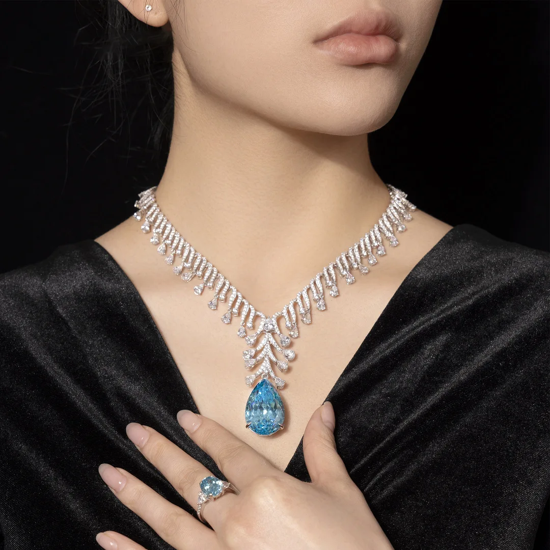 S925 Sterling Silver Necklace High Carbon Diamond Sea Blue Treasure Paraiba Water Drop Luxury Women's Necklace Wedding Jewelry
