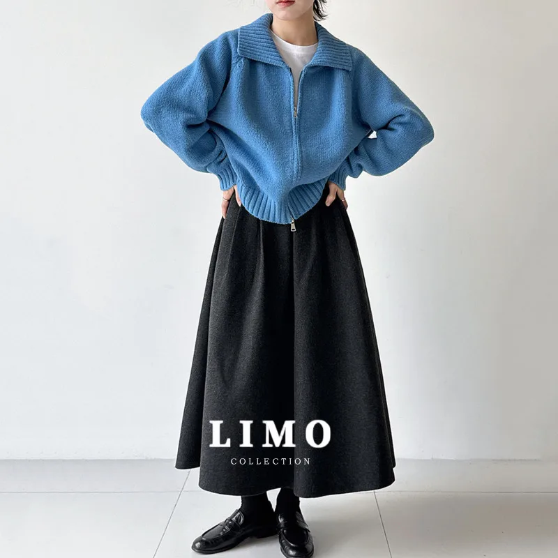 

LIMO, простая плиссированная юбка средней длины с высокой талией в корейском стиле для женщин, осенняя новая шерстяная драпированная юбка трапециевидной формы