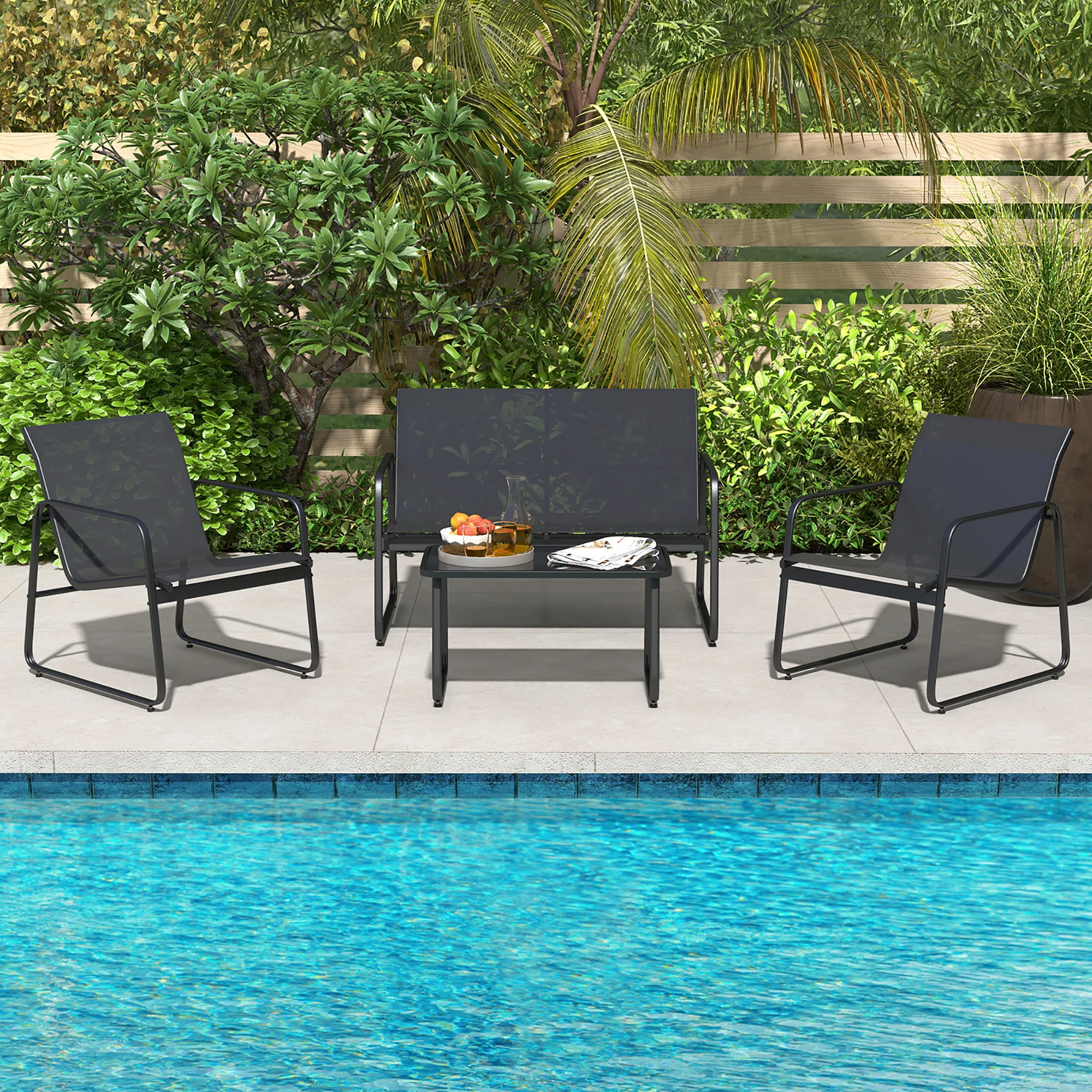 

4 Pieces Patio Furniture Set Outdoor Tempered Glass Coffee Table Chair Loveseat