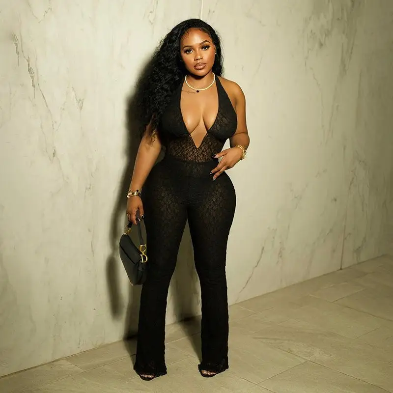 

Sexy Deep V Ne Transparent Belted Jumpsuit Hanging Ne Design High Waist Long Pants Thin Fabric Comfortable Stretchy Lycra