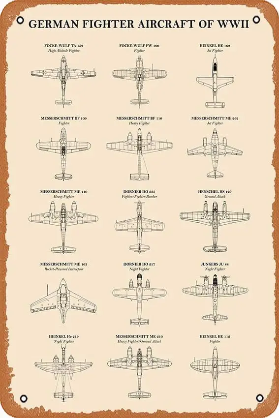 German Fighter Aircraft World War 2 Posters Retro Vintage Decorative Metal Tin Sign 8x12 Inch sign sign