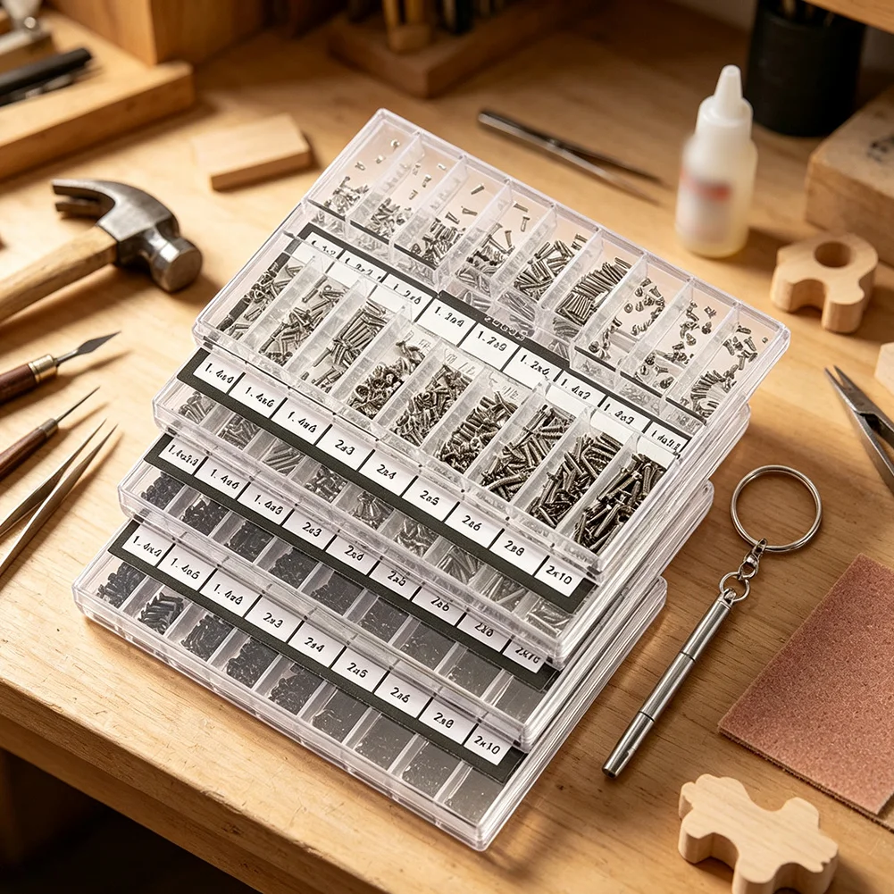 500pcs Miniature Stainless Steel Screws for Watch Cover Glasses Repair with Transparent Box and Precision Tools