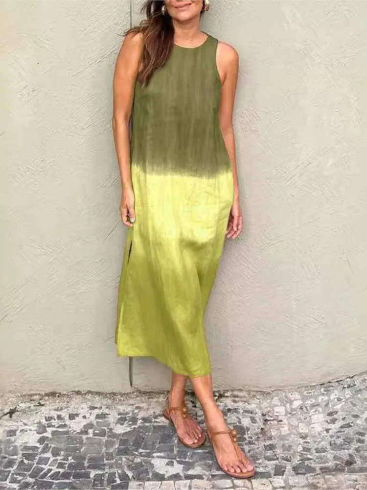 Gradient Print Sleeveless Long Dresses Women Summer New Fashion Loose Slit Dress Female Commuting Clothing Vestidos