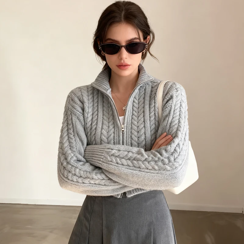 New Cardigan Double Zipper Women Sweaters Loose Short Coat Long Sleeve Elegant Fall Knitted Top Autumn Winter Casual Knitwear