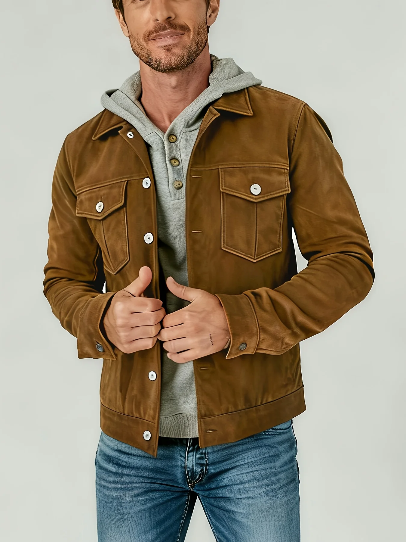 Men's Vintage Brown Suede Trucker Jacket Casual Lapel Button Down Long Sleeve Work Coat Classic Pocket Outdoor Daily Wear Outerw 4