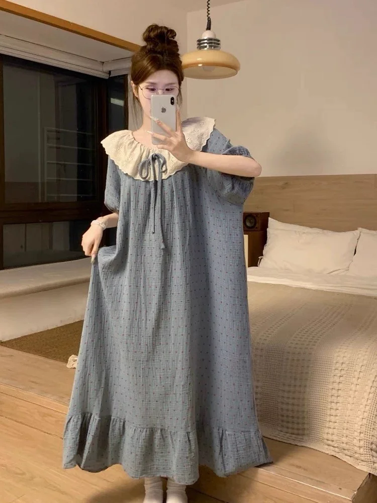 Summer plus Size Sleepwear Lace Trim Loose Short Sleeve Casual Long Dress Style Women's Nightgown Sweet Style Home Clothes