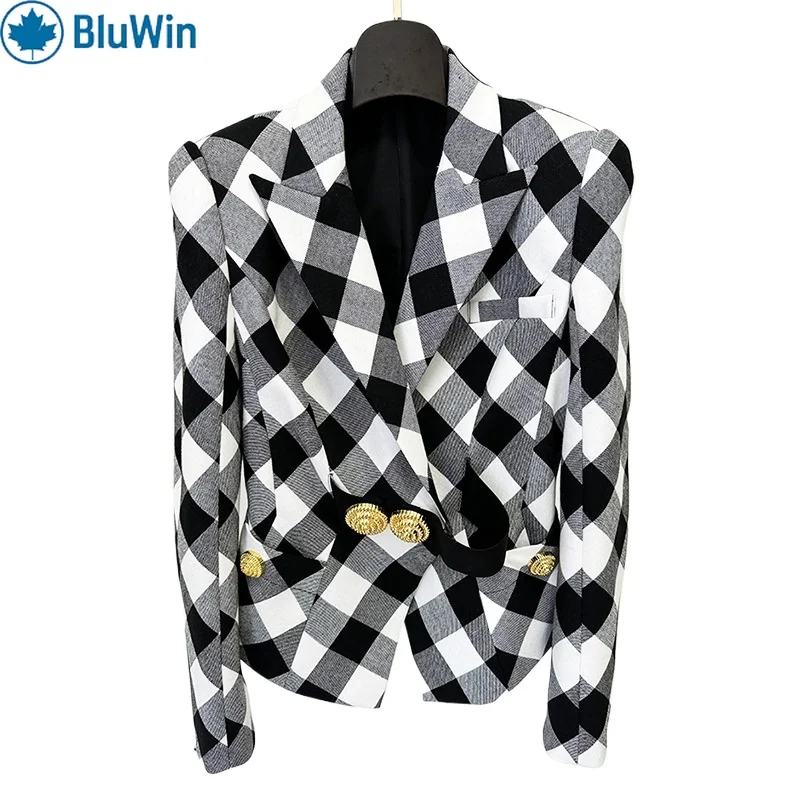 

URBANCHIC Early Fall Fashion Suit Jacket Slim Fit Houndstooth Pattern Metal Button Checkered Blazer Black White New Outerwear