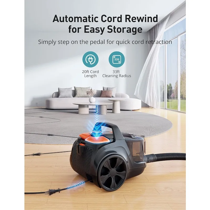 Aspiron Canister Vacuum Cleaner, Lightweight Bagless Vacuum Cleaner, 3.7QT Large Dust Cup, Automatic Cord Rewind, 5 Tools