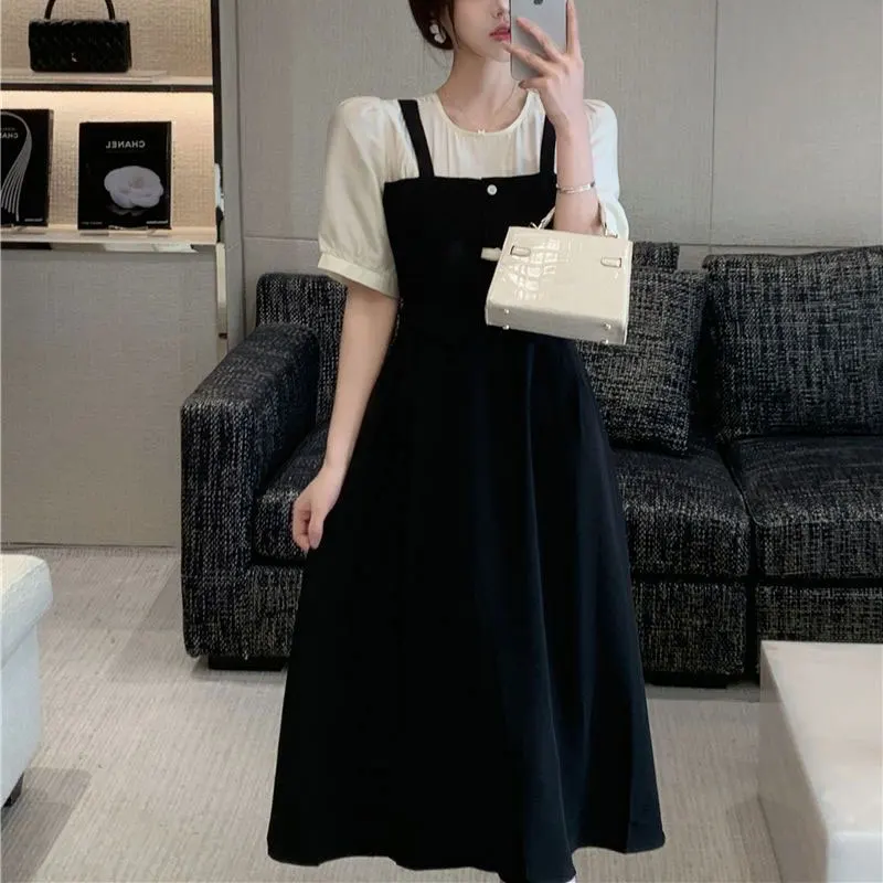 Fake Two Pieces A-Line Dresses Summer Stylish Patchwork Female Clothing French Style Short Sleeve Elegant Solid Color Midi Dress