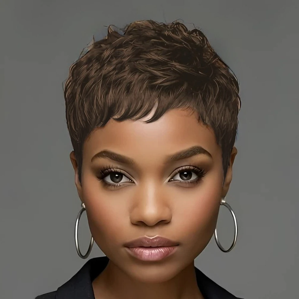 Colored Wig 150% Density 4Inch Pixie Cut Curly Wave Human Hair Wig for Women Full Machine Made Wig for Daily Wear and Party image 3