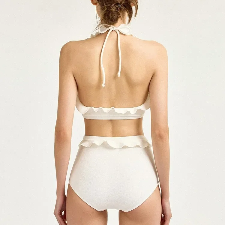 Novo conjunto de três peças maiô feminino branco banho sexy babado plissado biquíni saias cintura alta beach wear maiô coreano