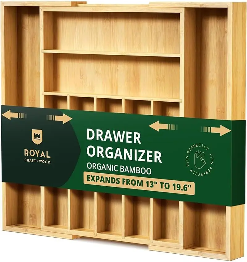 Luxury Bamboo Kitchen Drawer Organizer - Silverware Organizer - Utensil Holder and Cutlery Tray with Grooved Drawer Dividers