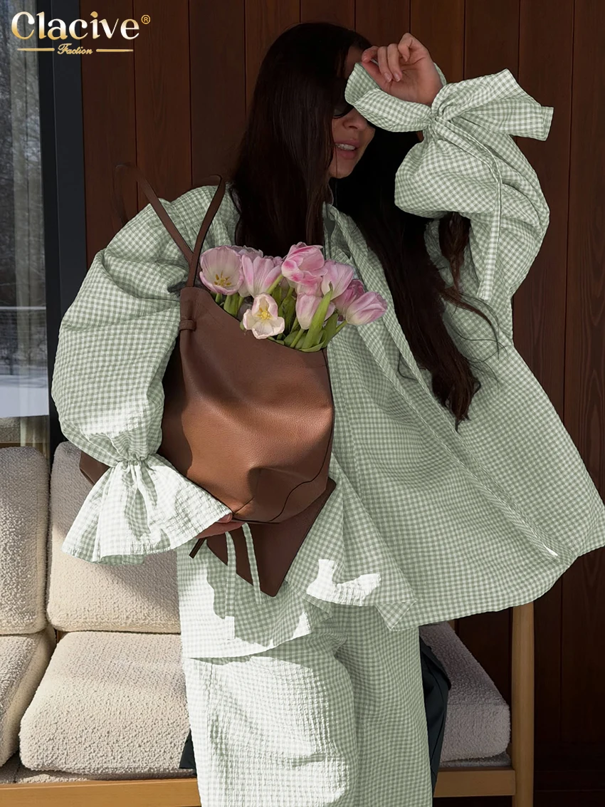 

Clacive Fashion Loose Green Plaid Trousers Sets Woman 2 Pieces Elegant Long Sleeve Shirt With High Waist Wide Pants Set Female