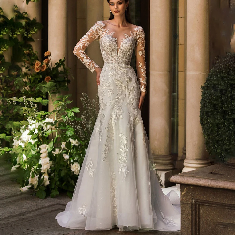 

Custom Made Illusion Neck Appliques Lace Boho Wedding Gown Mermaid Button Back Long Bridal Party Dress with Train vestido de