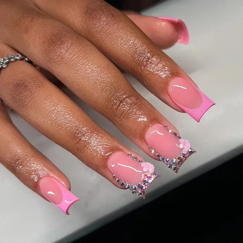

24PCS French Pink Nail Sparkling Diamond Explosion, Wearing Square Diamond Fake Nail Acrylic Wearable Fake Nail Patch