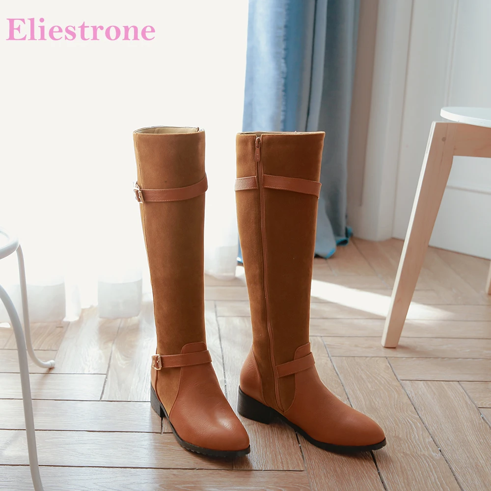 

New Winter Sexy Yellow Grey Women Knee High Boots Round Toe Mid Chunky Heels Lady Casual Shoes Plus Small Big Size 11 32 43 46