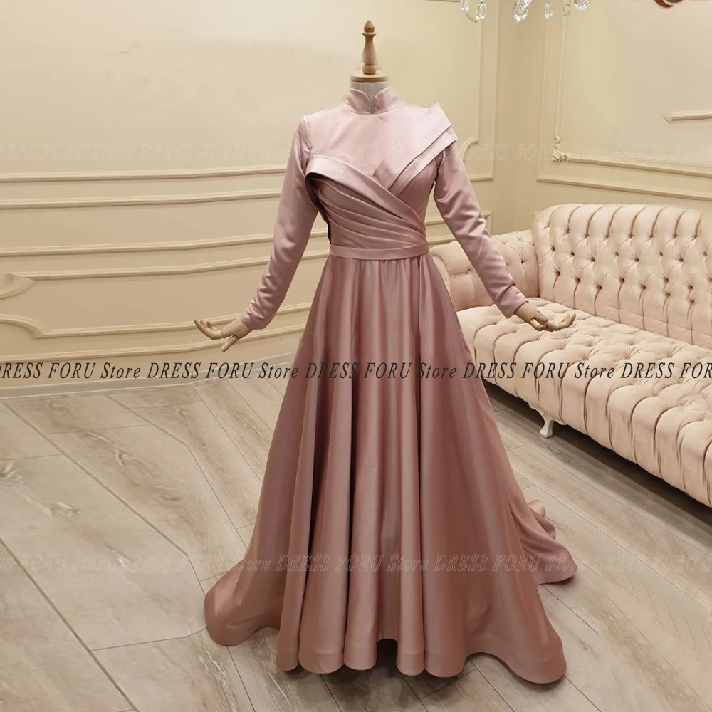 Einfache Muslimischen Abendkleid Satin Marokkanischen Kaftan Mono Langarm Falte Hohe Callor Bodenlangen Formale Engagement Party Kleid