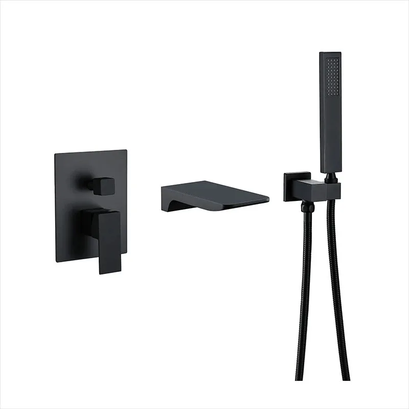 Gray Bathtub Shower Faucet Set Brass Bath & Shower Faucet Bathtub Faucet Mixer With Handheld Waterfall Bathtub Tap Black
