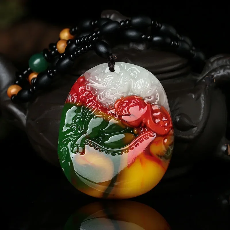 Natural Colour Jade Tiger Pendant Necklace Hand-Carved Chinese Charm Jadeite Jewelry Fashion Amulet Gifts for Women Men