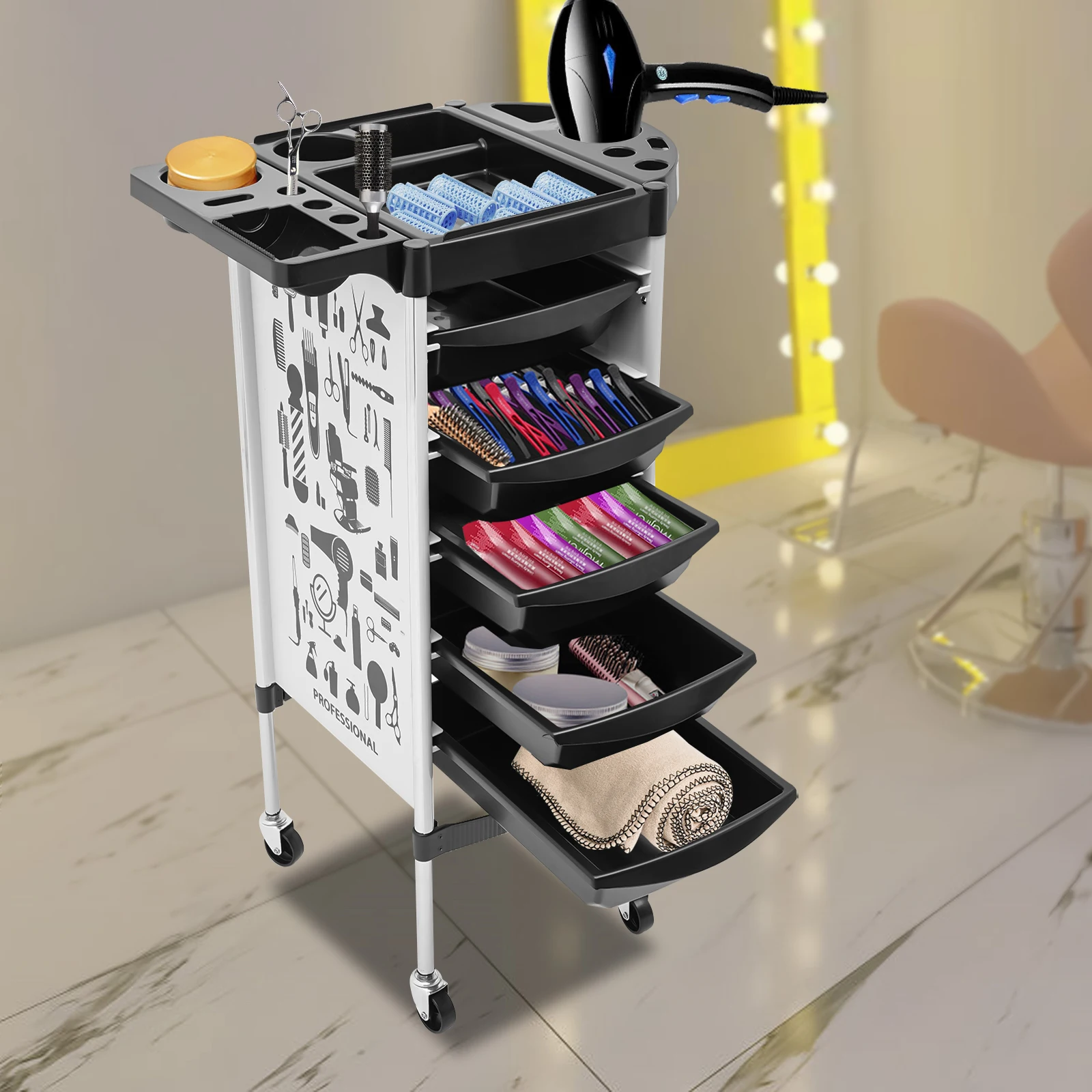 Rack sollevabile per tinture per capelli da salone – Carrello con capacità di 220,5 libbre con 6 ripiani, 5 cassetti per riporre oggetti