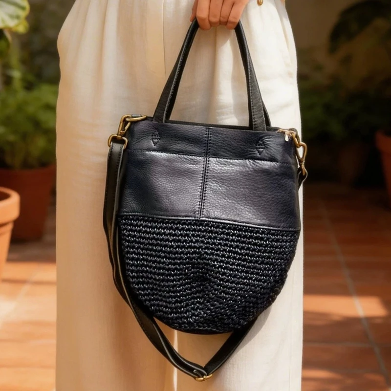 

Original Design Bucket Bags for Women Soft Calfskin Wax Rope Braided Patchwork Handbag Fashion Drawstring Closure Crossbody Bag