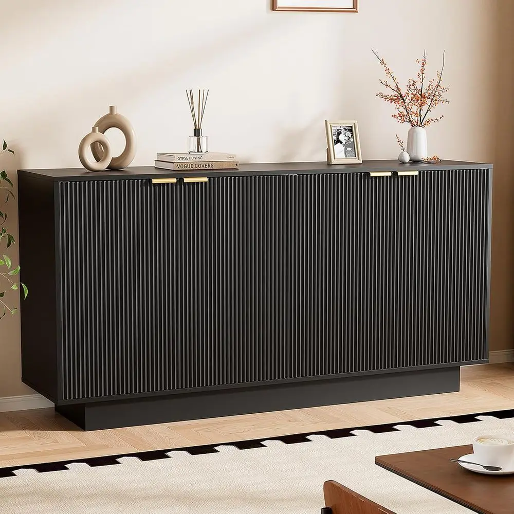 

Large 63 Black Sideboard Buffet Cabinet with Wine Storage for Dining and Kitchen Entertainment