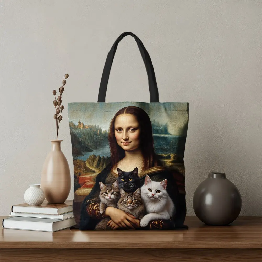 1 bolso de mano, impreso con diseño de Mona Lisa de Cats, bolso de hombro moderno, perfecto para ir de compras, viajar y uso diario.