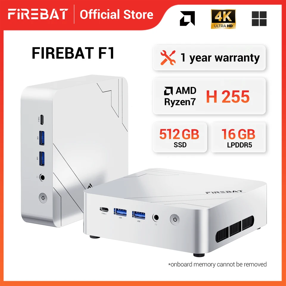 FIREBAT F1 Mini PC AMD Ryzen 7 H255 LPDDR5 16GB RAM M.2 PCIe 512GB