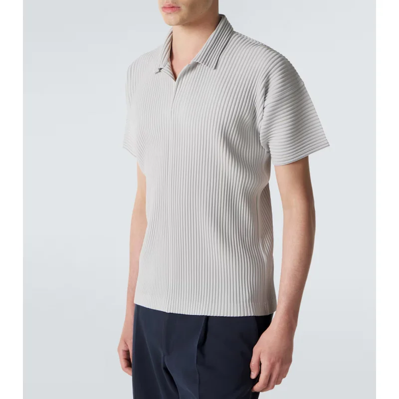 Miyake Pleated Men's Polo Shirt Short Sleeve Plisse Lapel Collar Loose Fit Breathable Stretch Korean Fashion Casual Summer Top