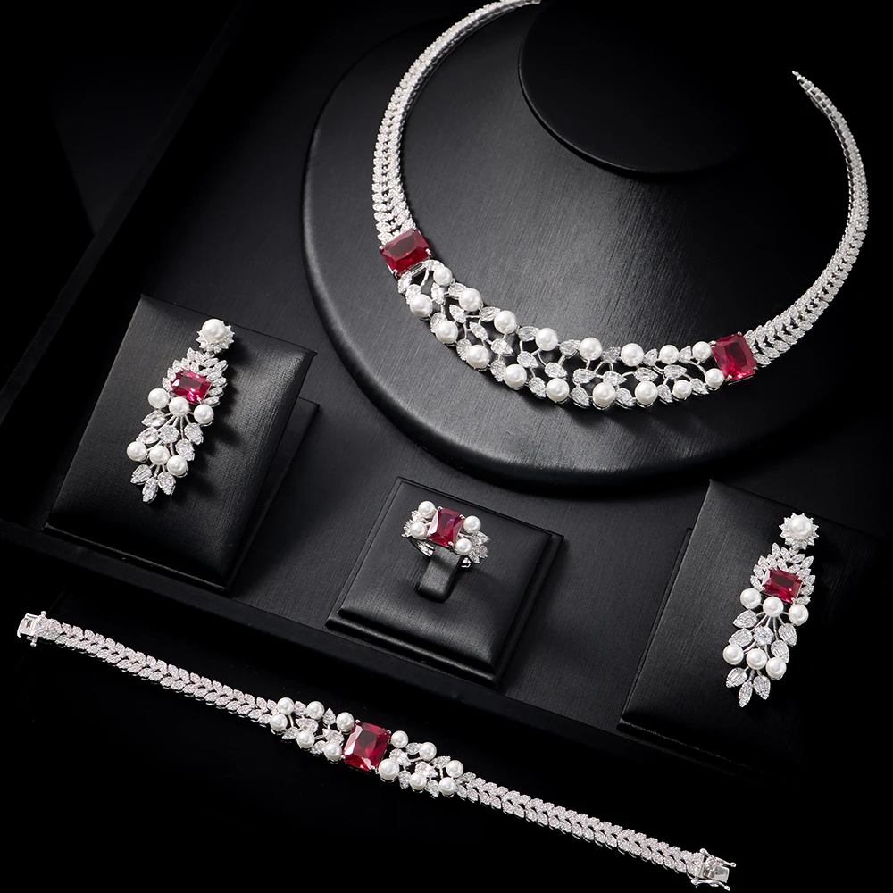 00125 4Pcs Bridal Jewelry Set Simulated Pearl Cubic Zirconia Necklace Drop Earrings Ring Bracelet Silver Plated Wedding Party Fo