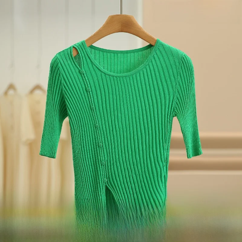 

Pure Color Design Hollow out Slim ort Sve Трикотажный повседневный топ для женщин для поездок на работу Sle Прямой крой из смеси волокна