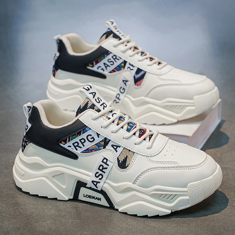 LOEIKAN Men's Ethnic Print Chunky Sneakers, Fashion Color-Block Platform Dad Shoes