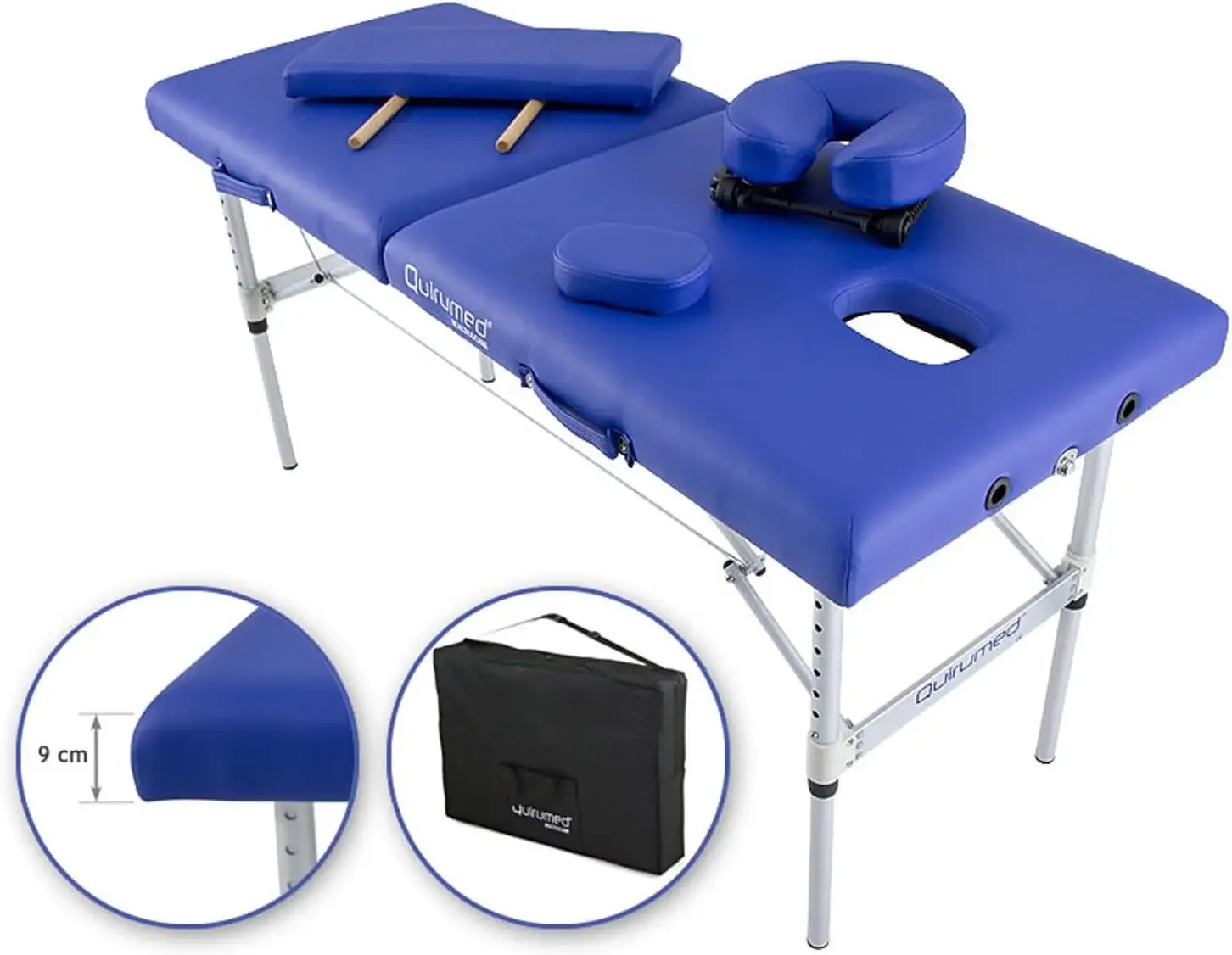 Massage table, Foldable, Aluminium Ultralight, Leatherette, Professional, 200 x 60 cm, Blue, Removable headrest, Face hole, Foot