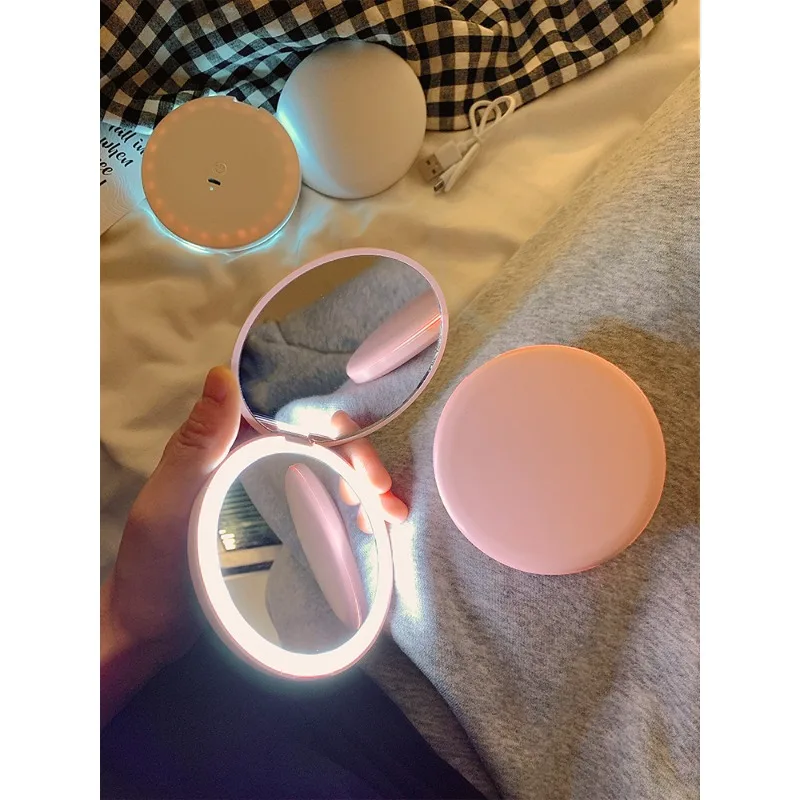 Makeup mirror with light, double-sided small mirror, small handheld folding makeup mirror, small round mirror