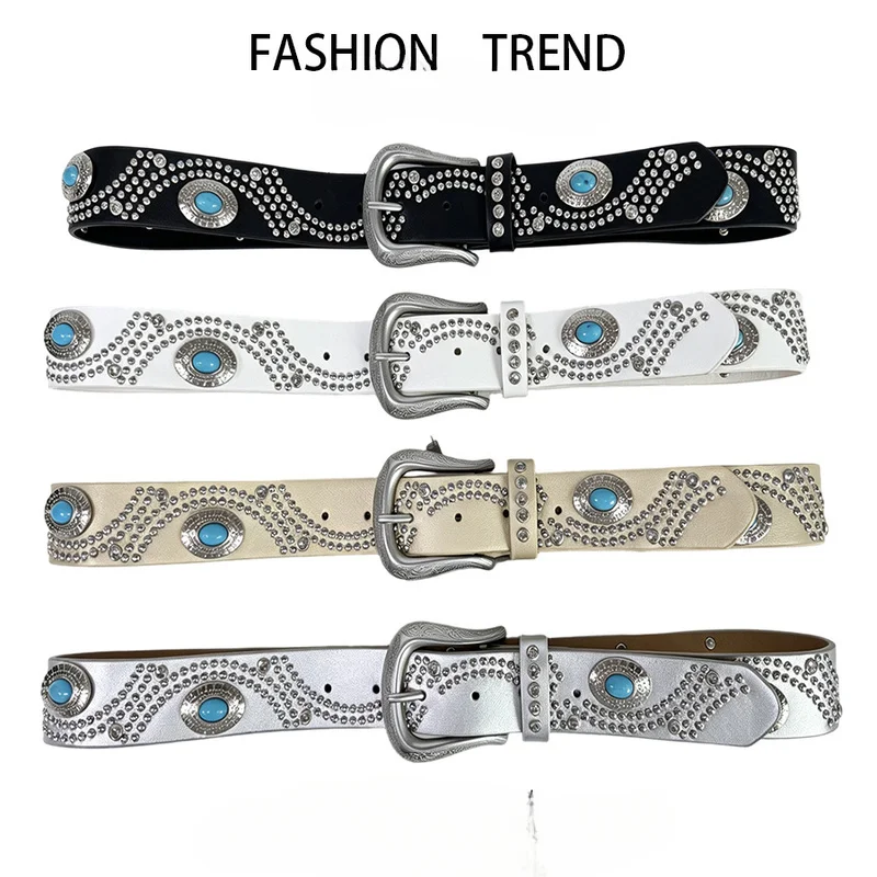 Fashion Women's Belt Rivet Rhinestone Semi Circle Turquoise Pattern Alloy Buckle Premium Quality Daily